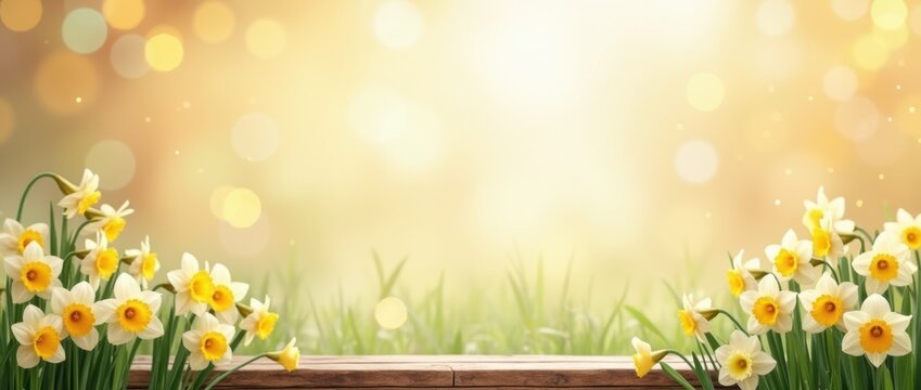 St. David's Day Banner with Yellow Daffodils on Wooden Stage: Blurred Spring Bokeh Background with Copy Space - Powered by Adobe