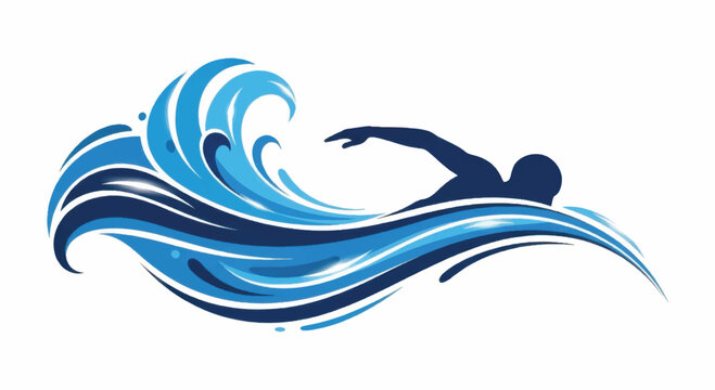 Silhouette of a swimmer in stylized blue waves.