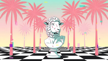 vaporwave sheep bust in a surreal 80s inspired digital landscape with pink palm trees and checkerboard floor for retro design