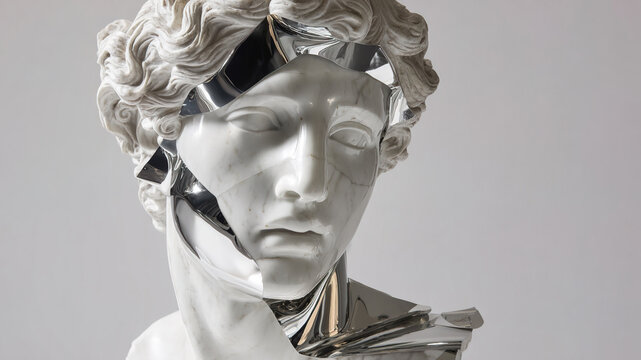 Marble bust transforming with liquid chrome digital art effect - Powered by Adobe