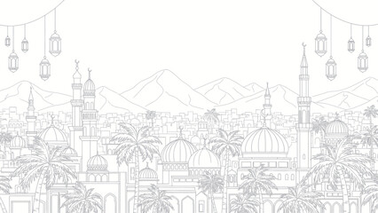Intricate Line Art of a Middle Eastern Cityscape with Mosques and Palm Trees. © art.Co