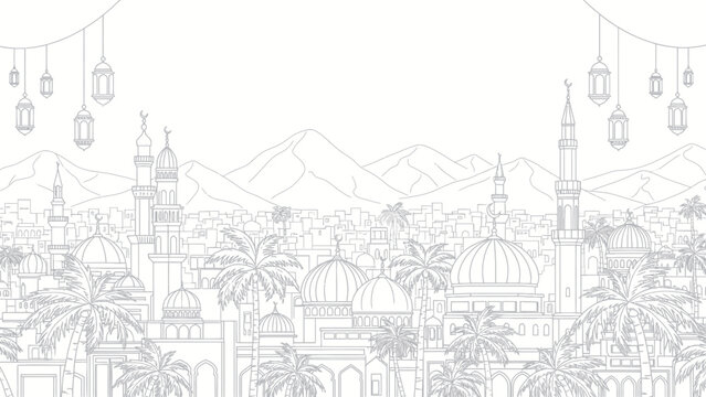 Intricate Line Art of a Middle Eastern Cityscape with Mosques and Palm Trees.