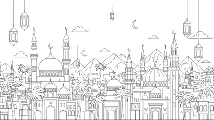 Obraz premium Islamic City Skyline with Mosques and Lanterns.