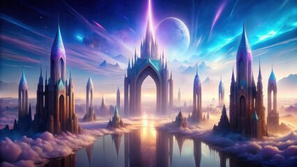 Fototapeta premium Enchanted Castle Cityscape A Fantasy Realm Above the Clouds with Celestial Phenomena and a Majestic Gateway