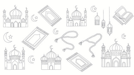 Islamic Religious Elements Doodle Sketch Collection for Ramadan and Eid.