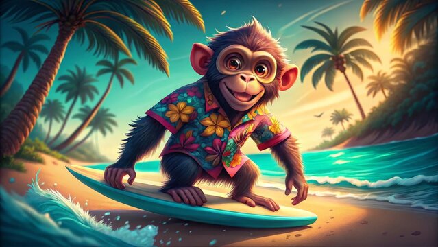 Vibrant Digital Art Of A Mischievous Monkey Surfing In Tropical Paradise