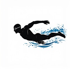 Silhouette of a Male Swimmer Performing Freestyle Stroke with Blue Water Splashes Against a White Background Dynamic Athletic Motion