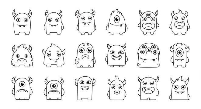 Collection of cute monster doodles for coloring pages.