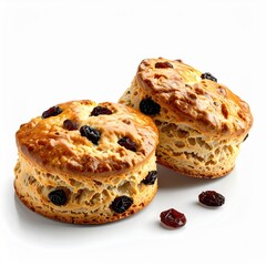 Golden Brown Raisin Scones Baked To Perfection on a Clean White Background with Scattered Raisins Nearby