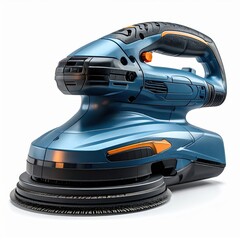 Blue Orbital Sander with Orange Accents on White Background for Woodworking and Construction Projects