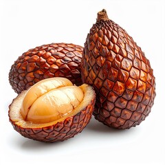 Exotic Salak Fruit One Whole and One Halved Revealing Light Brown Flesh Isolated on White Background
