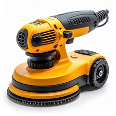 Yellow and Black Electric Rotary Polisher Tool with Spinning Pad on White Background