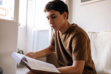 Teenager boy studying and reading at home