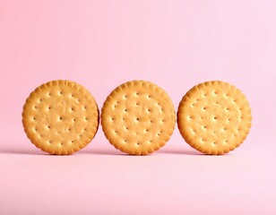 Three Round Golden Brown Biscuits Lined Up Against a Soft Pink Background in Studio Lighting