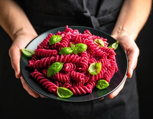 Hands Holding A Dark Plate Filled With Vibrant Pink Fusilli Pasta Garnished With Fresh Green Basil Leaves Against A Black Background