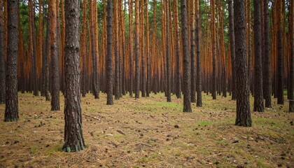 Dense Pine Forest With Tall Trunks and Needle Covered Ground During Daytime Natural Landscape