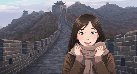 Journey Along the Great Wall: A woman stands against the backdrop of the majestic Great Wall, her gaze reflecting the historical grandeur and the allure of ancient civilization.