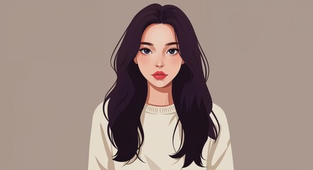 Elegant Portrait: Captivating portrayal of a woman with long, flowing dark hair and a serene expression, poised in a studio setting.