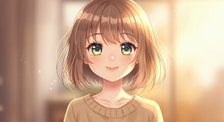 Girl's Warm Smile: A close-up shot of a young girl's face. her big bright eyes and a sweet smile that radiates warmth and kindness. the focus on her features evokes a sense of approachability and joy.