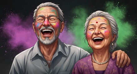 Joyful Celebration: An Elderly Couple Embraces a Cultural Festival, Capturing Laughter and Colored Powder in a Vivid Display of Culture.