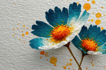 A watercolor artistic illustration featuring flowers in cool blue and turquoise tones and vibrant, sunny orange centers 