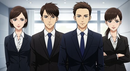 Corporate Elegance: A quartet of impeccably dressed professionals emanates poise and confidence in a contemporary office setting, dressed in navy suits, exuding a sense of unified sophistication.