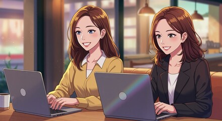 Professional Women at Work: Two stylish women focused on their laptops, exuding professional competence and a modern office atmosphere. 