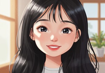 Artistic Illustration of Smiling Woman: A captivating digital illustration of a young woman with a warm, genuine smile. Her dark, flowing hair frames a face radiating positivity.
