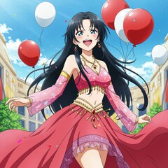 Joyful Celebration: A young woman in an elegant pink dress celebrates with festive balloons and a beaming smile, against a bright outdoor background.