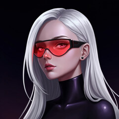 Visionary with Red Goggles: A portrait of a woman with long white hair wearing high-tech red goggles, embodying futuristic elegance and cutting-edge style.