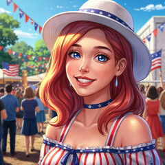 Patriotic Celebration: Capturing the vibrant spirit of a community gathering, a woman radiates joy and patriotism amidst a festive outdoor event.