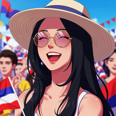 Joyful Spectator: A cheerful woman, donning a stylish hat and glasses, radiates happiness amidst a vibrant crowd, symbolizing shared enthusiasm. 