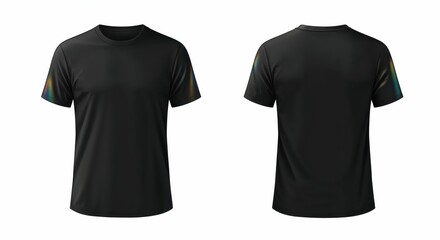 Black T-shirt Design: Front and back view of a sleek black t-shirt, showcasing the simplicity and versatility of everyday apparel. Emphasizing the garment's classic design.