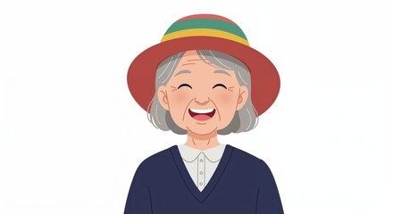 Elder's Cheerful Smile: a portrait of an elderly person adorned in a stylish hat, radiating pure happiness through a wide, genuine smile. 