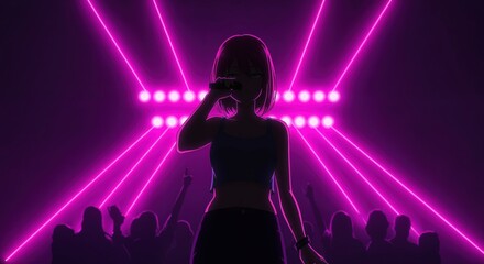 Vocal Performance Under Neon Lights: A silhouette of a singer commanding the stage, illuminated by radiant neon lights, capturing the electric energy of a live concert. 