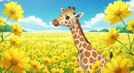 Giraffe in Flower Field: A charming giraffe gazes out across a radiant field of blooming yellow flowers, under a bright, cloudless sky, embodying the joy of a perfect day