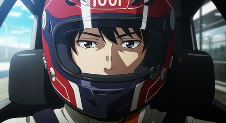 Race Car Driver: A determined race car driver, encased in a helmet, focused on the challenge ahead, ready to take on the track.