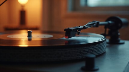 Analog Serenade: A close-up shot of a vintage record player in a warm, dimly lit room. The needle gently traces the grooves of a vinyl record, evoking a sense of nostalgia.