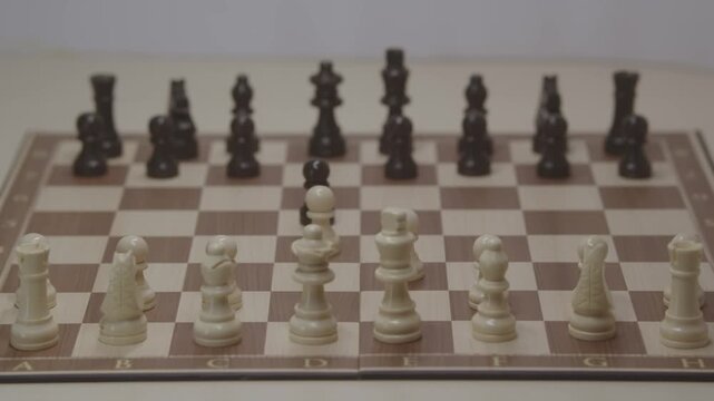 A cinematic shot of the White pawn moving to e3 in a chess game. The concept of bold strategy and surprise in a chess game.