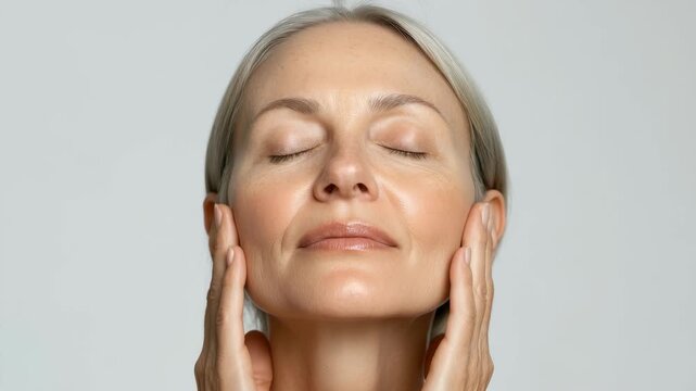 Close-up video concept of a serene woman with eyes closed, gently touching her face. Captured from a front angle, highlighting tranquility and skincare.
