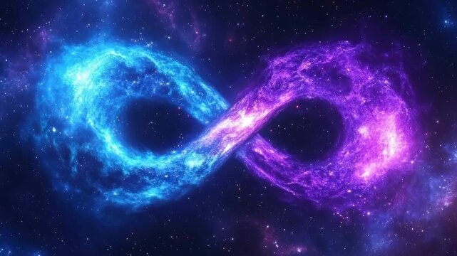 Cosmic infinity symbol in vibrant blue and purple hues, captured from a top-down angle. Perfect for a sci-fi themed video backdrop. Live desktop wallpaper.