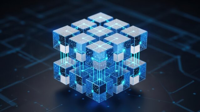 3D Blockchain cube connection icon blue glass