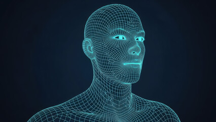 Digital Human Wireframe Head with Glowing Blue Eyes.