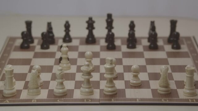 A cinematic shot of a chess game for White, depicting the bishop capturing a pawn on c4. The concept of bold strategy and surprise in a chess game.