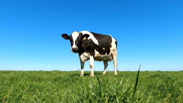 A black and white cow stands in a lush green field under a clear blue sky from a low viewpoint