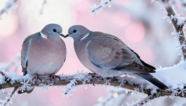 Two collared doves perched on frosty branch touching beaks in soft winter light