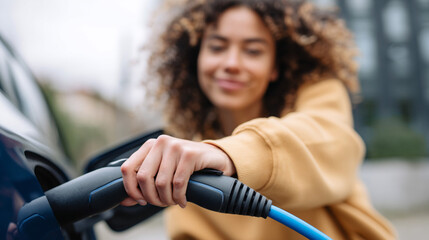 Young Woman Charging Electric Vehicle, Sustainable Green Energy Transport