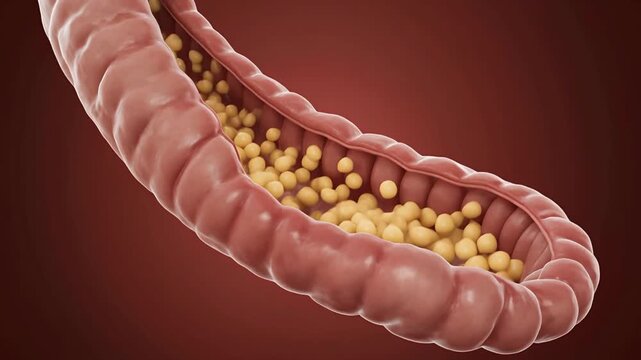 3D medical animation showing fat globules moving through the small intestine during digestion. Visual representation of lipid absorption inside the human digestive tract.