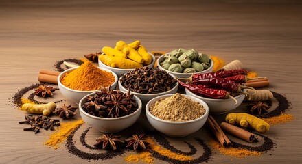 Aromatic Spices Arranged on Wooden Table
