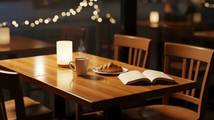 A cozy coffee shop corner, wooden furniture, warm lighting, blurred background